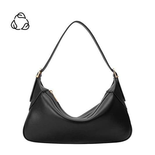 Black recycled vegan shoulder bag with gold zipper, suitable for daily use, displayed against a white background.