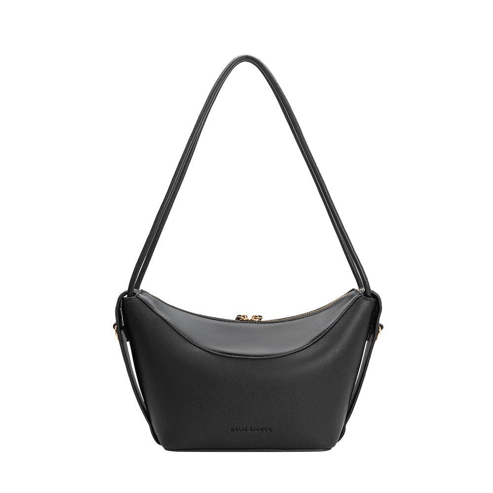 Black recycled vegan shoulder bag with a curved shape, gold zipper, and embossed logo. Suitable for daily use.