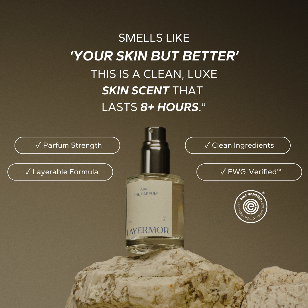 Clear glass bottle of Layermor Amal perfume, EWG-certified fragrance for daily wear.