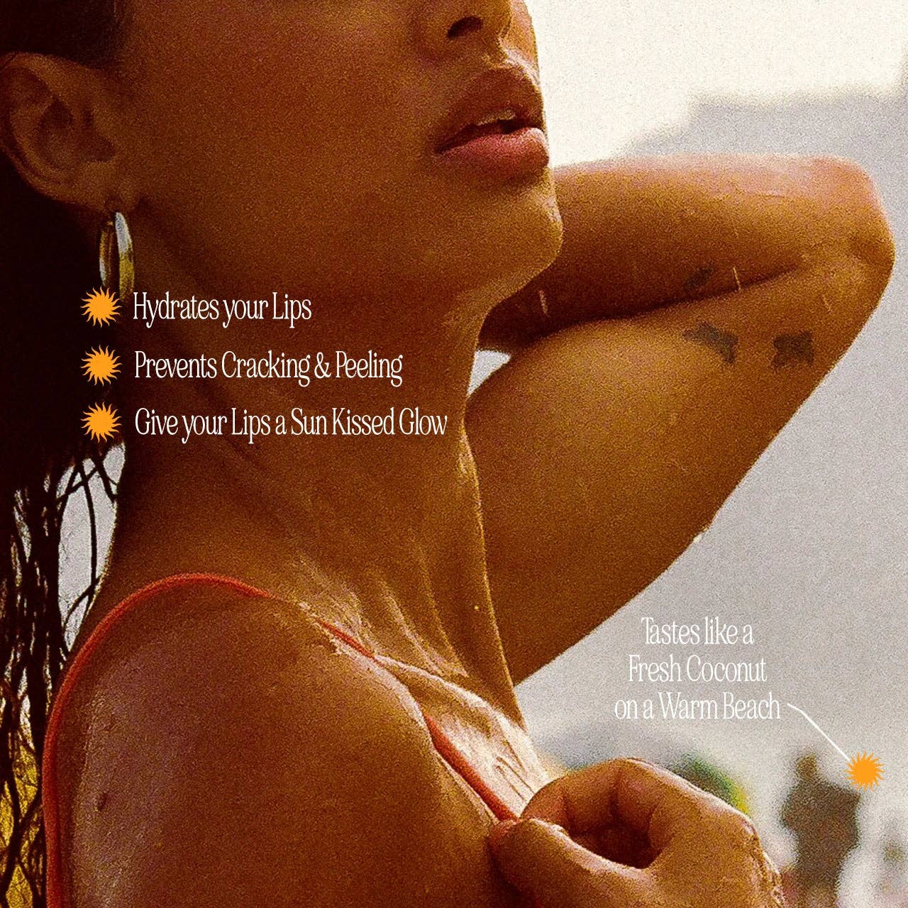 Woman in swimsuit holding SPF 30 coconut lip balm tube; text notes hydration, protection, and coconut flavor.