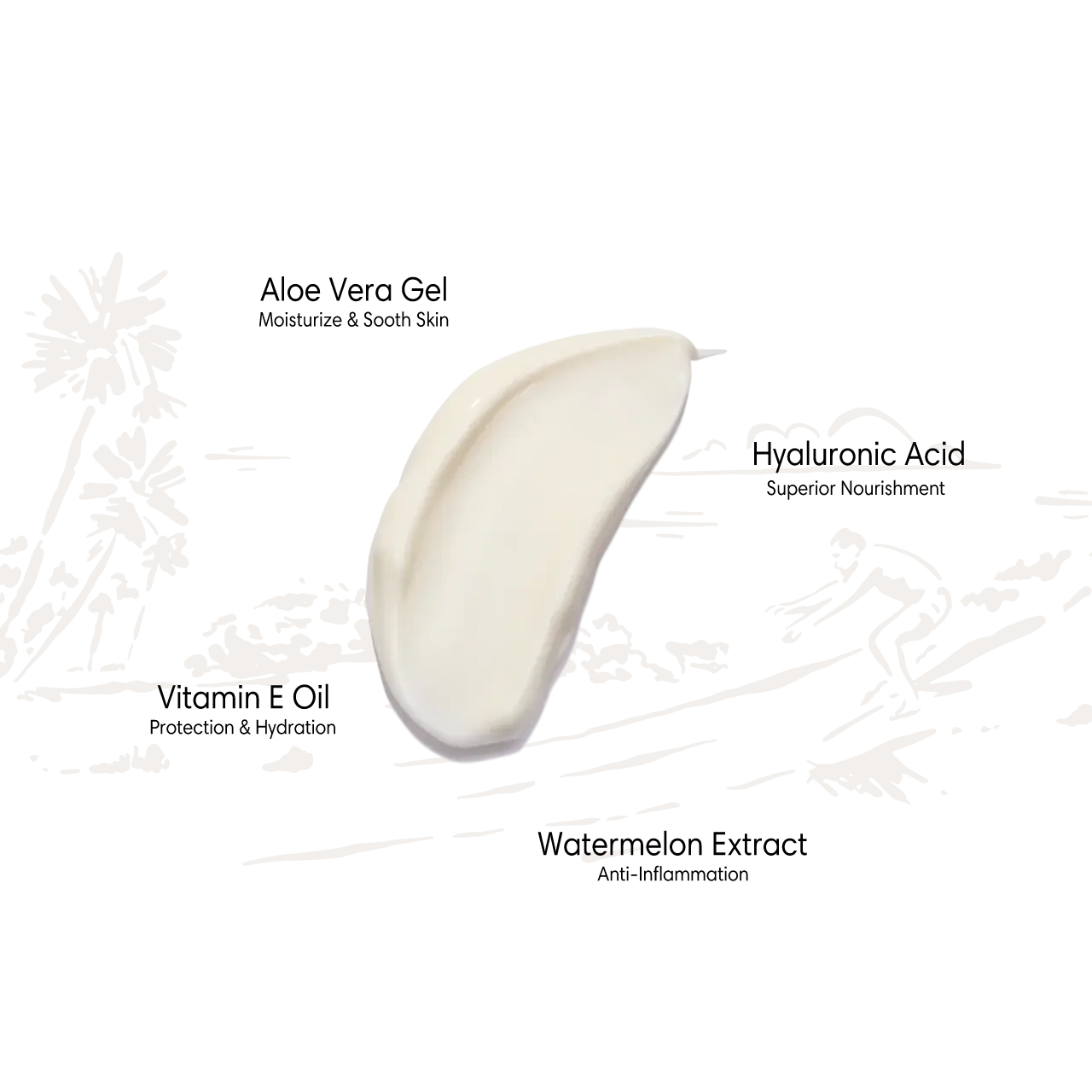 Cream sunscreen smear featuring a light texture; contains aloe vera, hyaluronic acid, vitamin E, and watermelon.