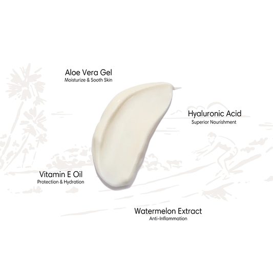 Cream sunscreen smear featuring a light texture; contains aloe vera, hyaluronic acid, vitamin E, and watermelon.