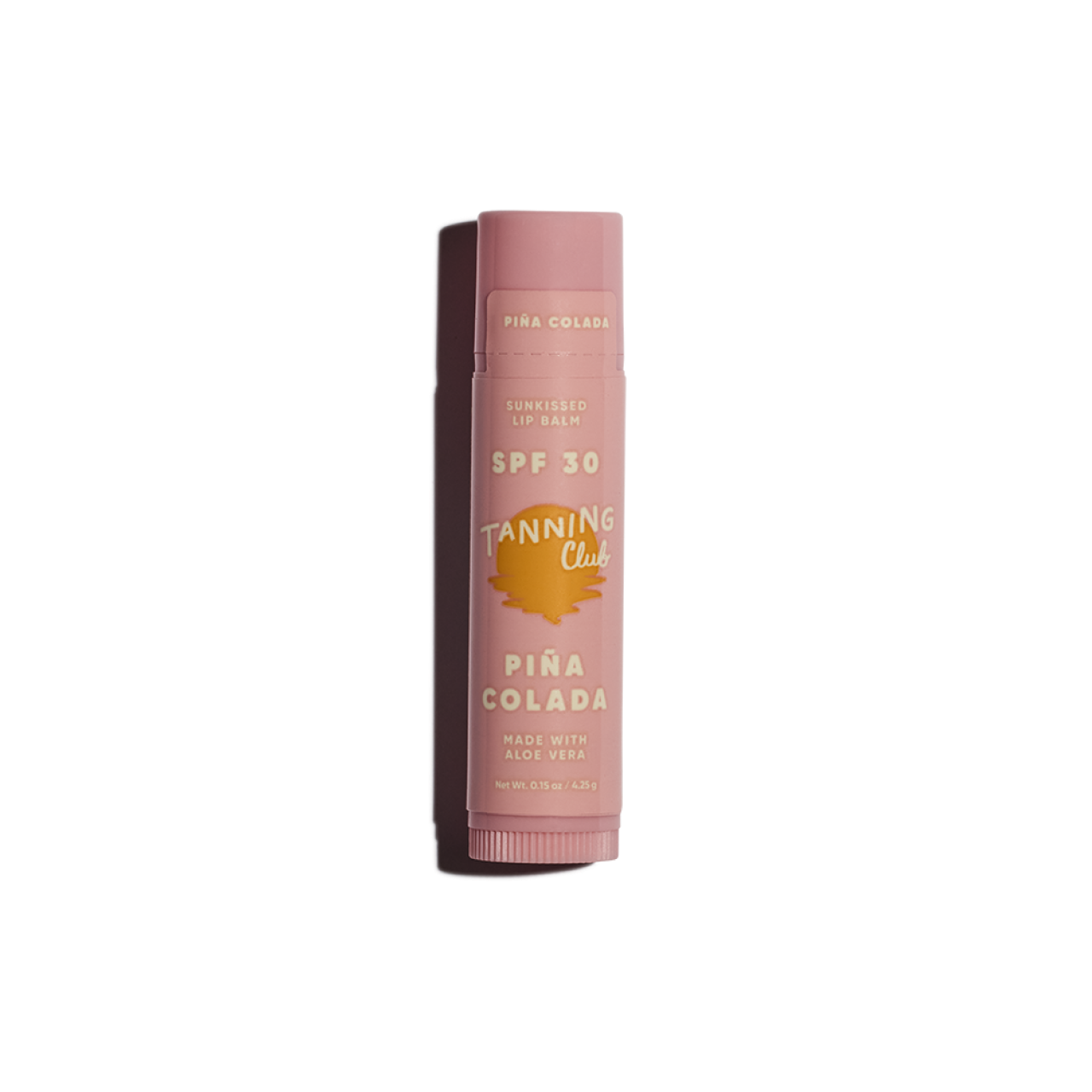 Pink SPF 30 lip balm tube with gold text, upright on a white background, designed for sun protection.