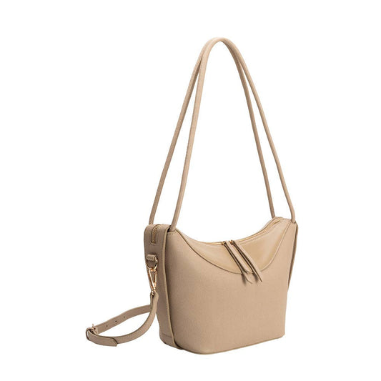 Mushroom-colored recycled vegan shoulder bag with double straps, zip closure, and removable crossbody strap.