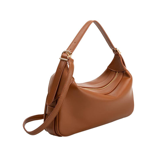 Saddle shoulder bag in recycled vegan leather with gold zipper, displayed on a white background.