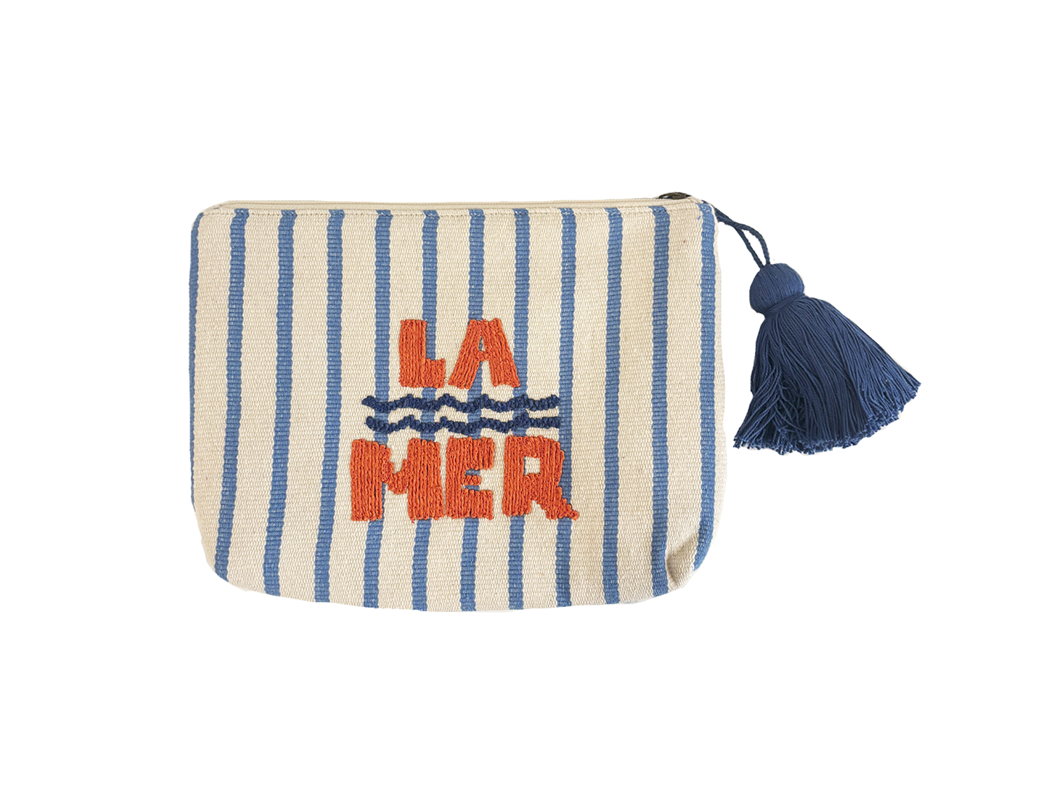 Blue striped cotton pouch with orange LA MER embroidery and a blue tassel zipper; ideal for carrying small essentials.