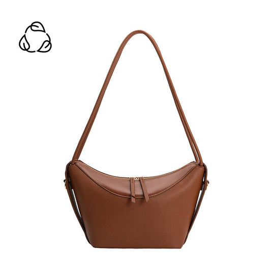 Brown recycled vegan leather shoulder bag with top zipper and long crossbody strap.