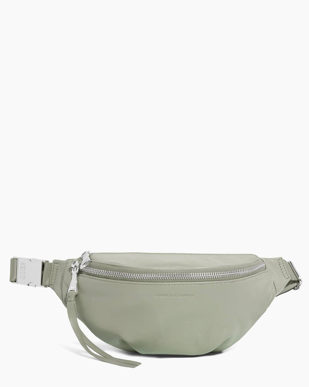 Light green leather sling bag with silver zipper, adjustable strap, and handle shown against a white background.