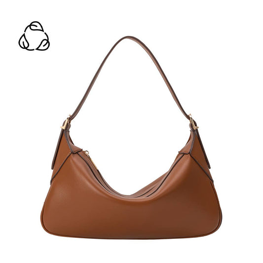 Recycled vegan saddle shoulder bag in neutral tone with gold hardware, single strap, and recycle icon displayed.
