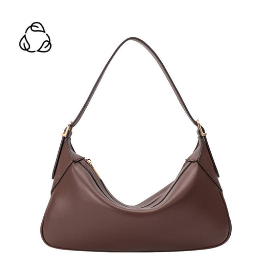 Espresso recycled vegan shoulder bag with gold hardware and crossbody strap, displayed on a white background.