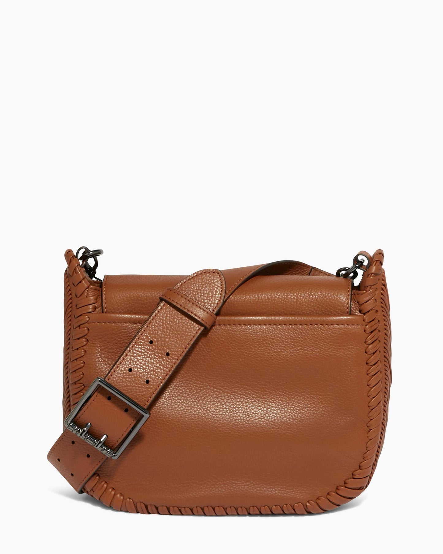 Brown leather crossbody bag with a large buckle, braided edges, and an adjustable strap for everyday use.