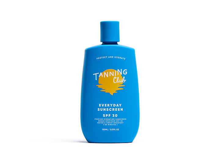 Blue plastic bottle of SPF 50 sunscreen, suitable for daily use, displayed on a white background.