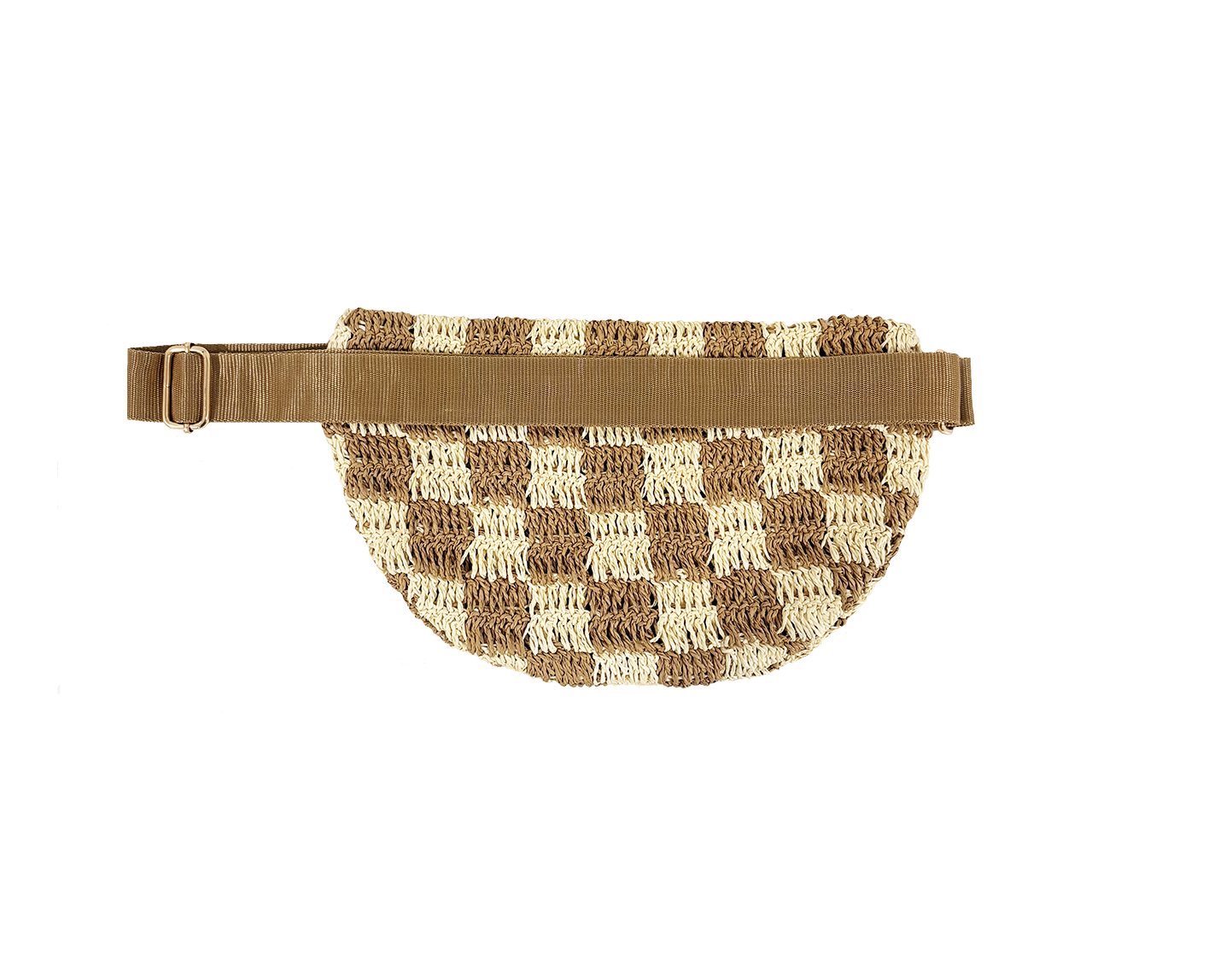 Tan and cream checkered raffia sling bag with adjustable strap, suitable for hands-free carrying.