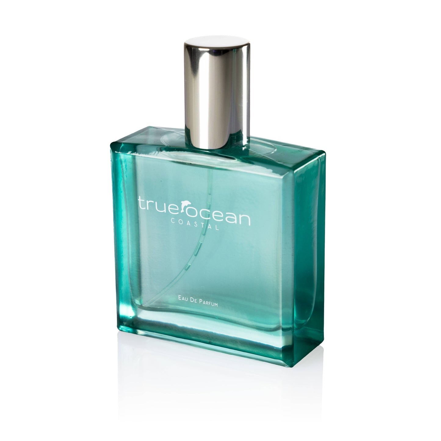 Teal glass bottle of True Ocean Coastal perfume, designed for a fresh, beach-inspired fragrance experience.