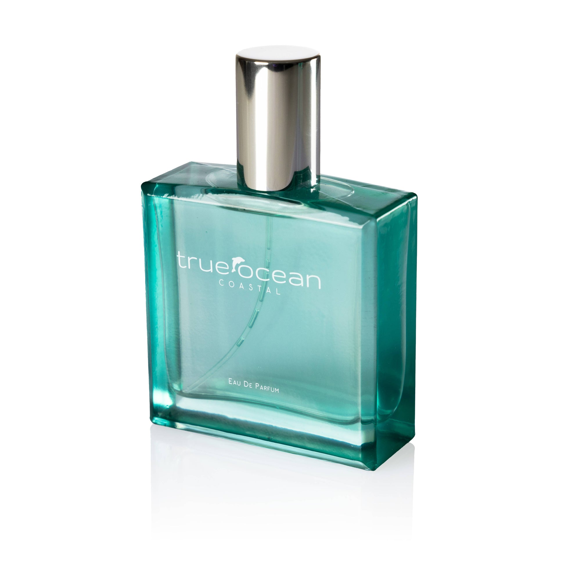 Teal glass bottle of True Ocean Coastal perfume, designed for a fresh, beach-inspired fragrance experience.