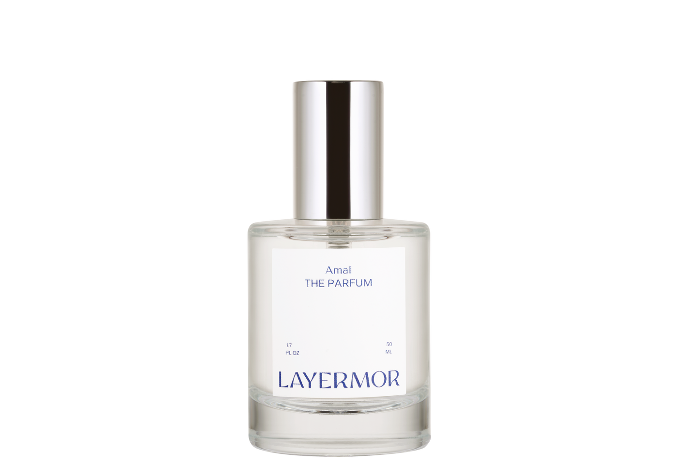 Clear glass perfume bottle with silver cap, displayed on a white background. Used for holding fine fragrance.