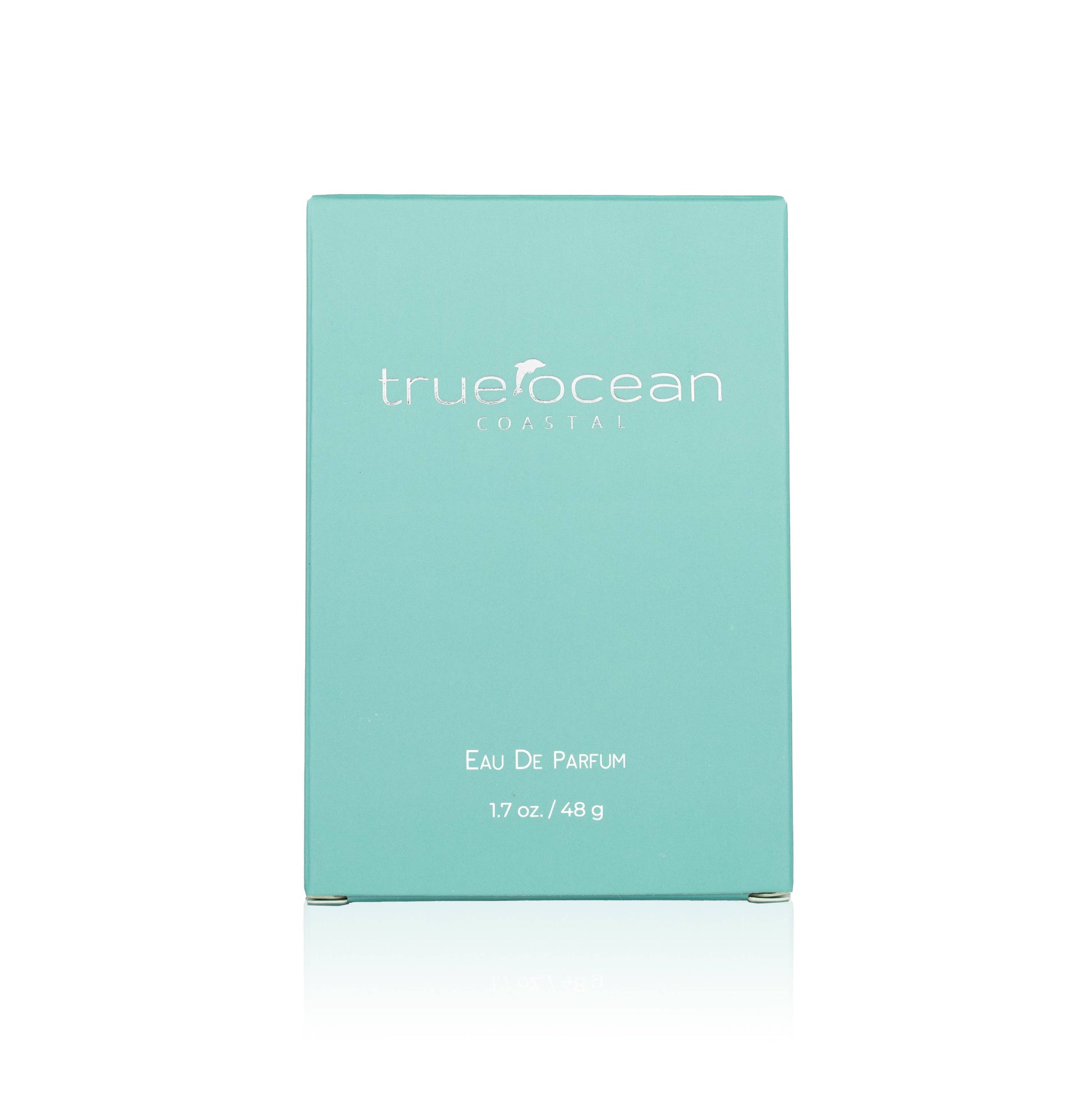Turquoise perfume box, labeled Coastal, 1.7 oz/48g, set on a plain white background.