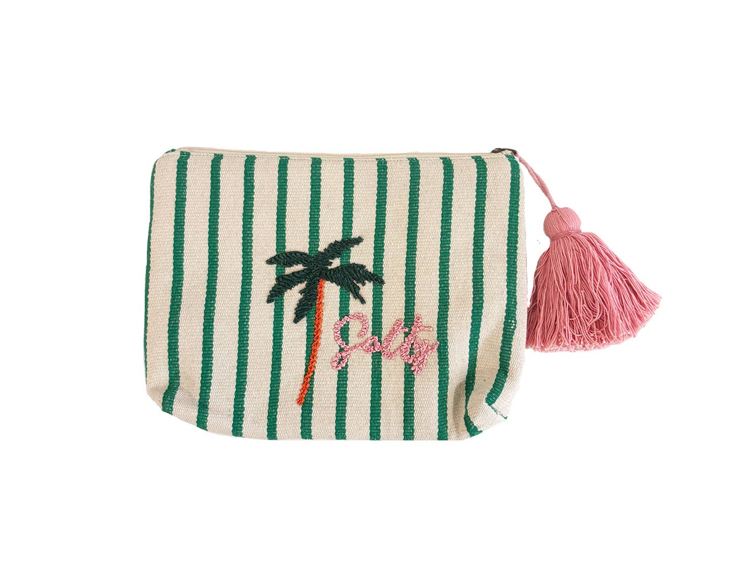 Green striped pouch with embroidered text, palm tree detail, and a pink zipper tassel; suitable for storage or travel.