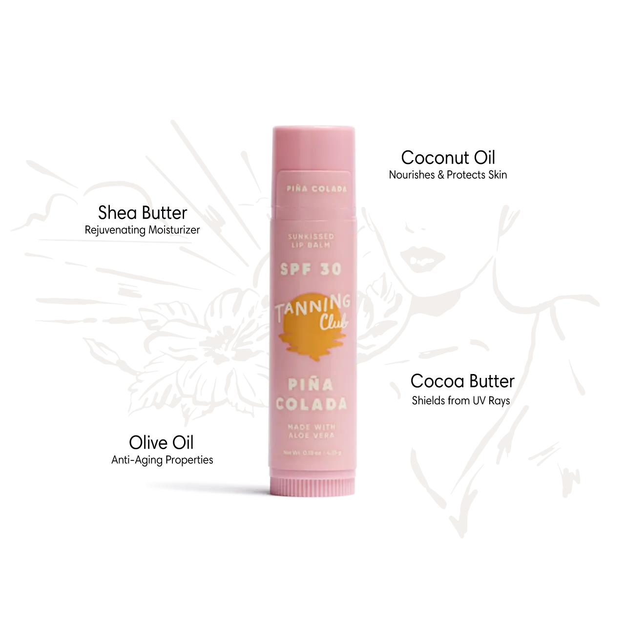 Pina Colada lip balm with SPF 30, light yellow tint; contains coconut, shea, cocoa butters, and olive oil.