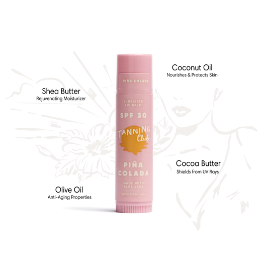 Pina Colada lip balm with SPF 30, light yellow tint; contains coconut, shea, cocoa butters, and olive oil.