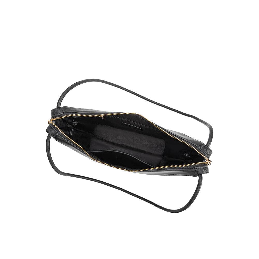 Black recycled vegan shoulder bag with gold zipper, black lining, and inner pocket shown from above.