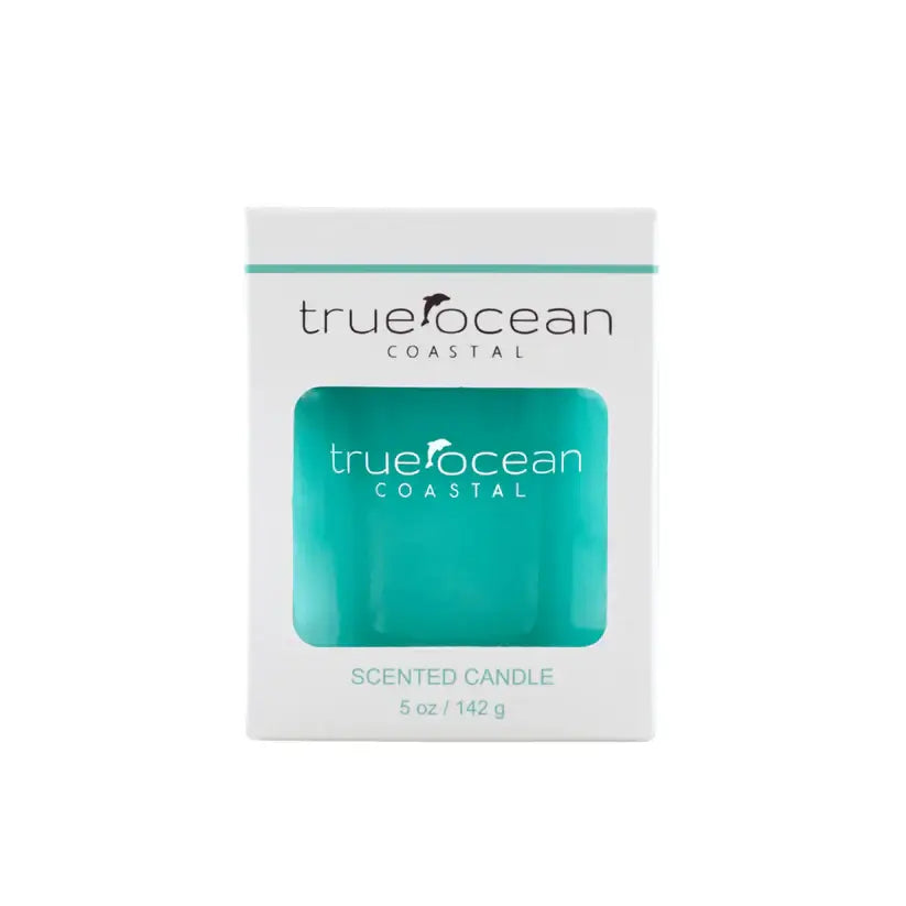 5 oz soy wax coastal-scented candle in white packaging, shown from the front.