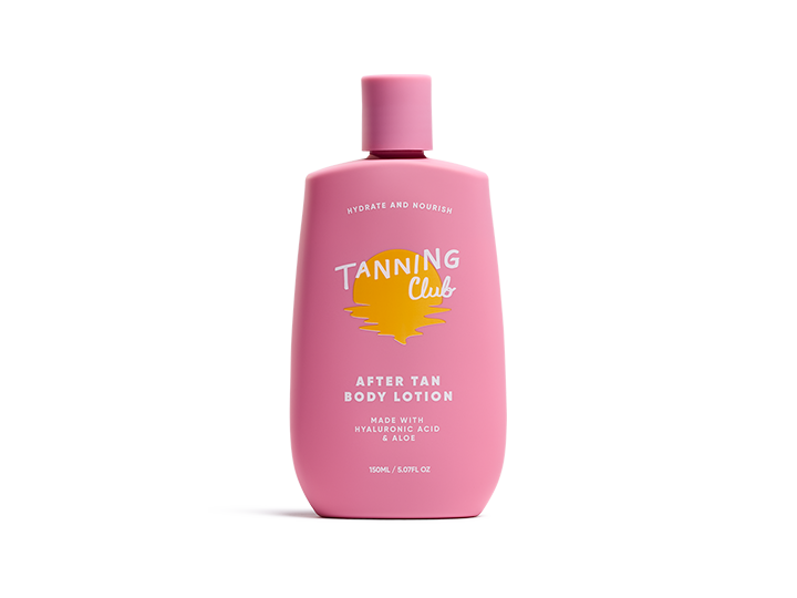 Pink plastic bottle of after-tan body lotion with aloe, yellow sun icon, and white product text.