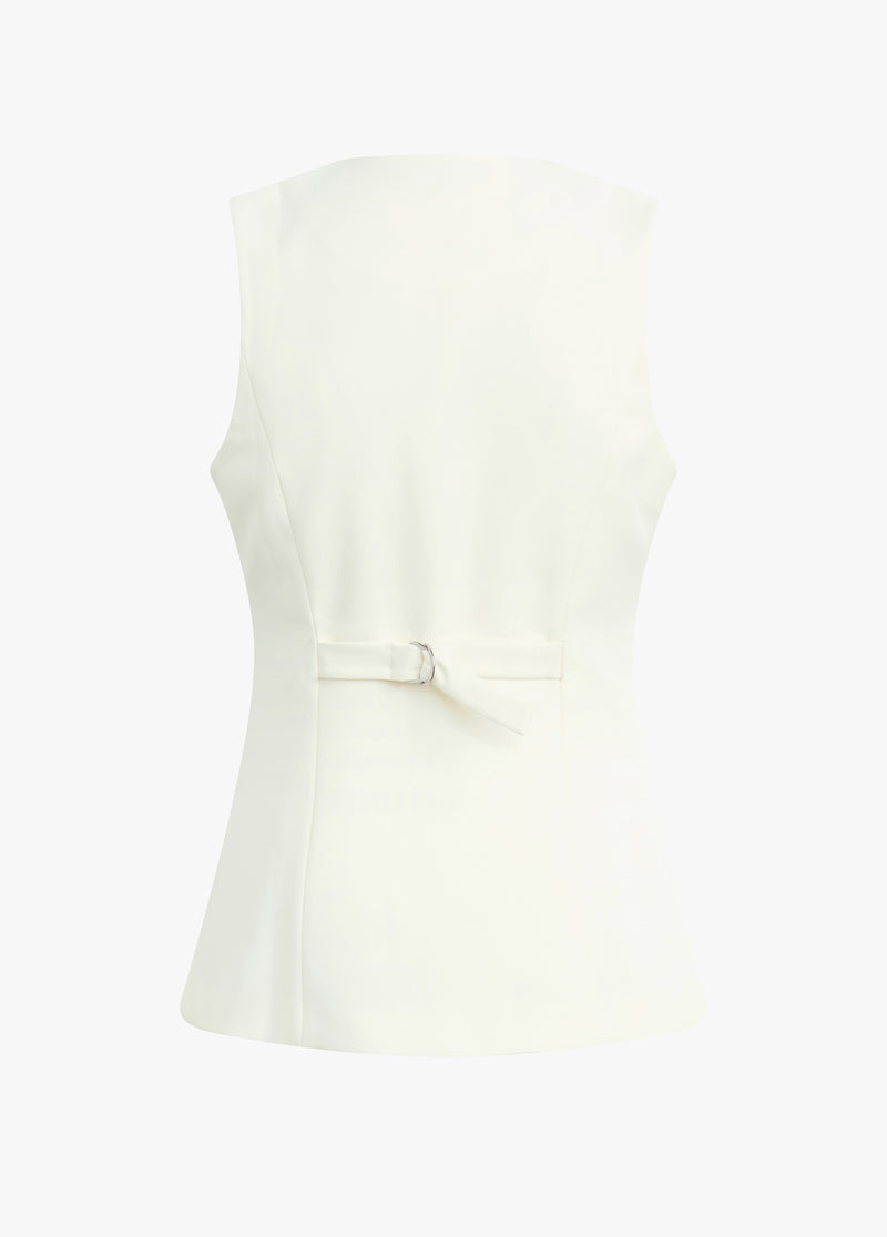 White sleeveless top with buttons