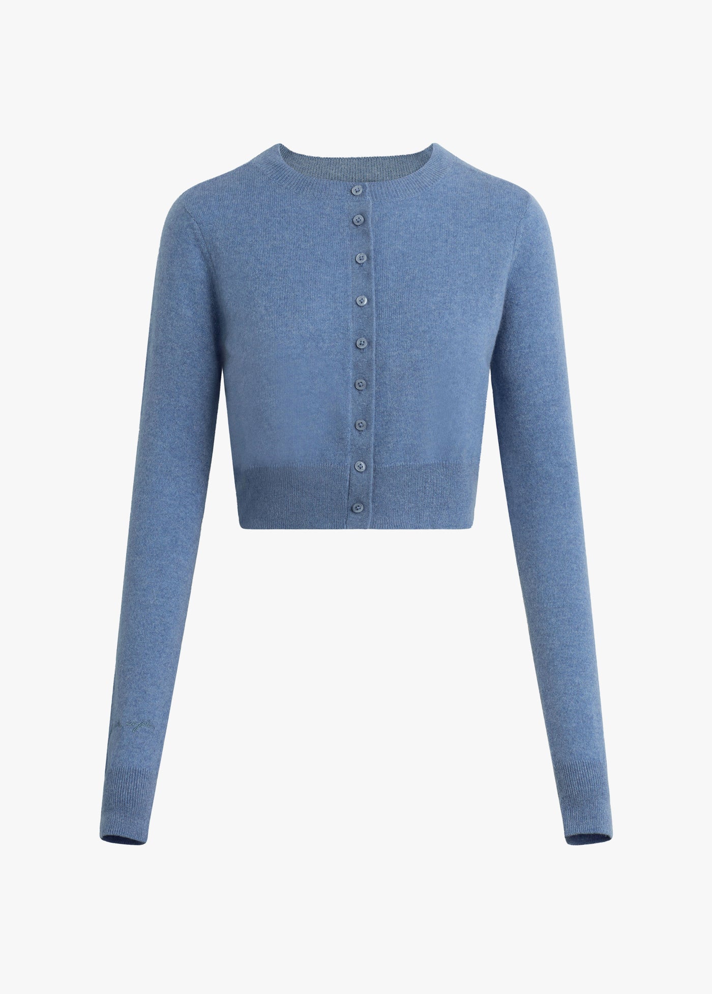 River blue cropped cardigan with long sleeves, front buttons, and a classic fit; suitable for layering.