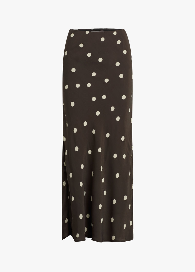 Espresso polka dot skirt in soft viscose with a straight, flared silhouette for versatile everyday wear.
