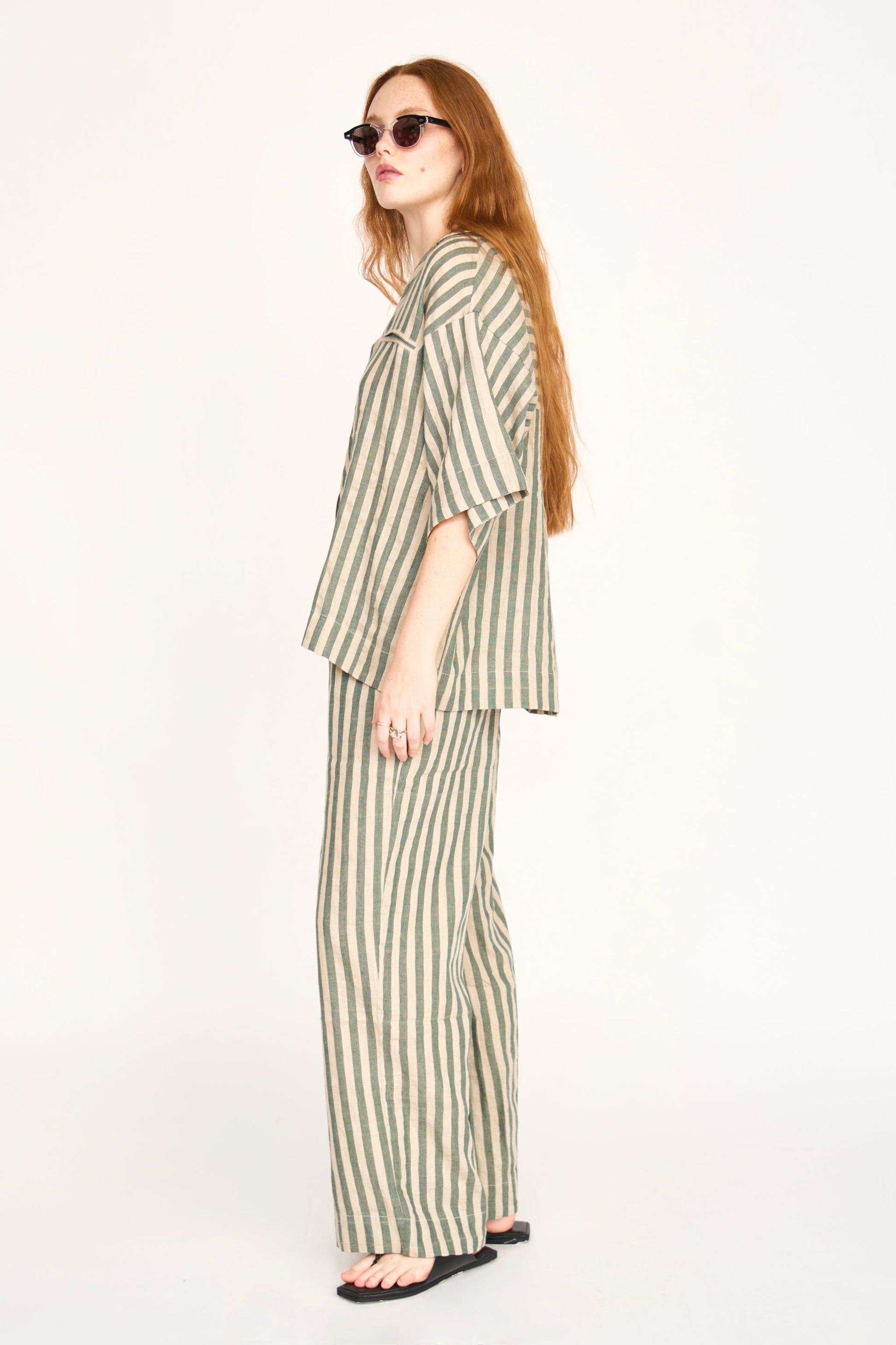Woman wearing striped pants 