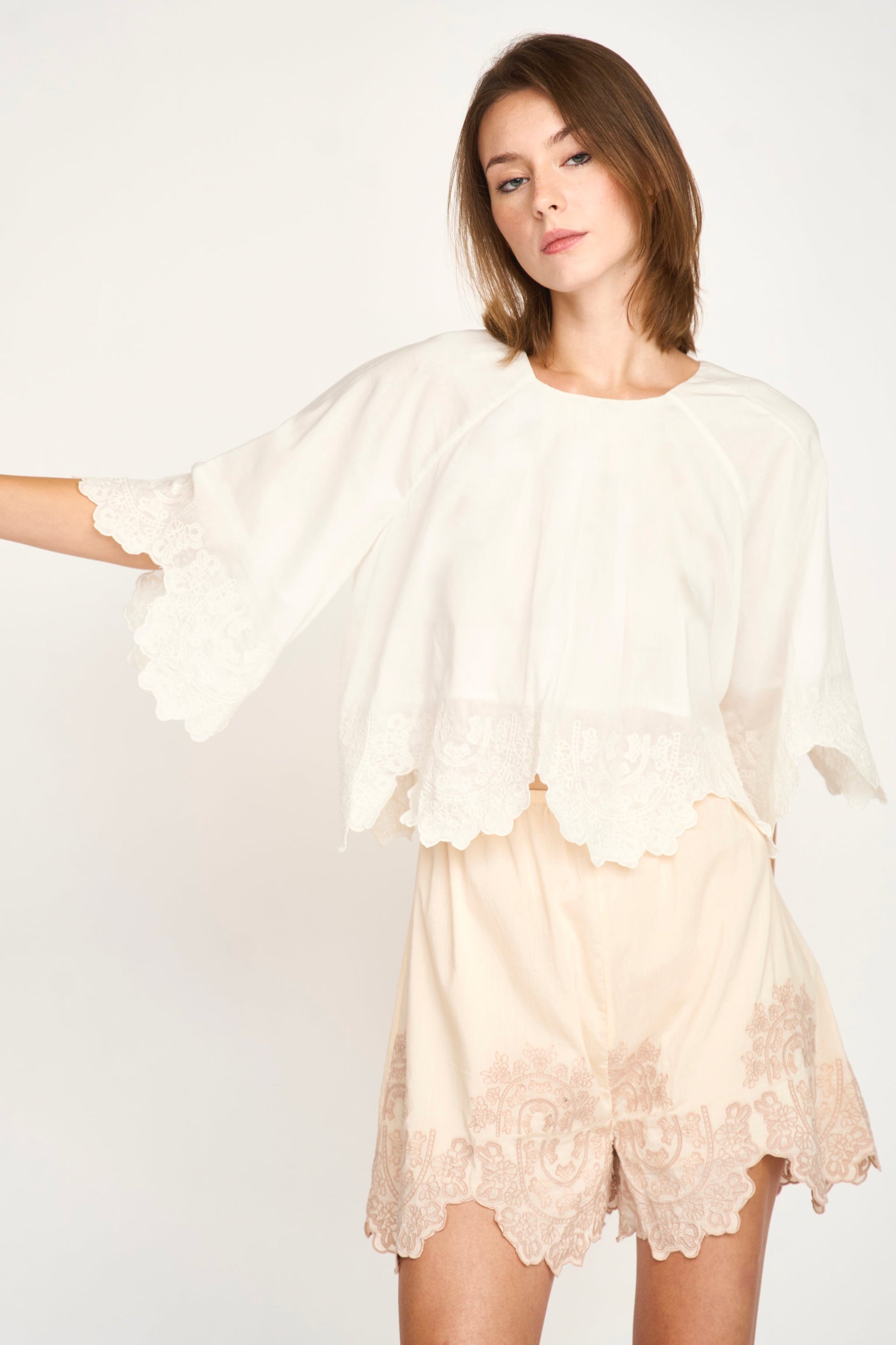 White eyelet-embroidered top and light shorts set made of cotton, shown on a plain background. Ideal for warm weather wear.