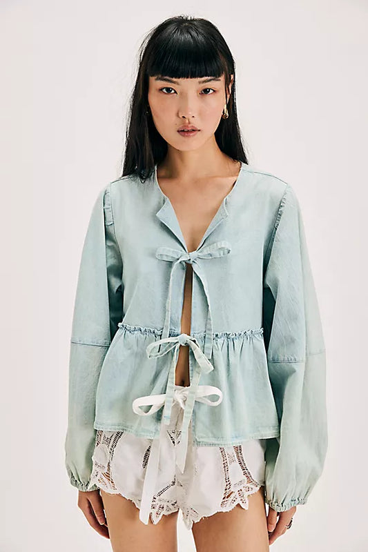 Brunch Babe Denim Blouse - Light Tint Wash