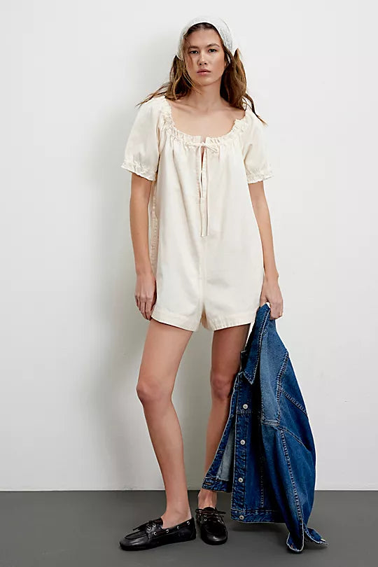 Daisy Denim Babydoll Romper - Vanilla