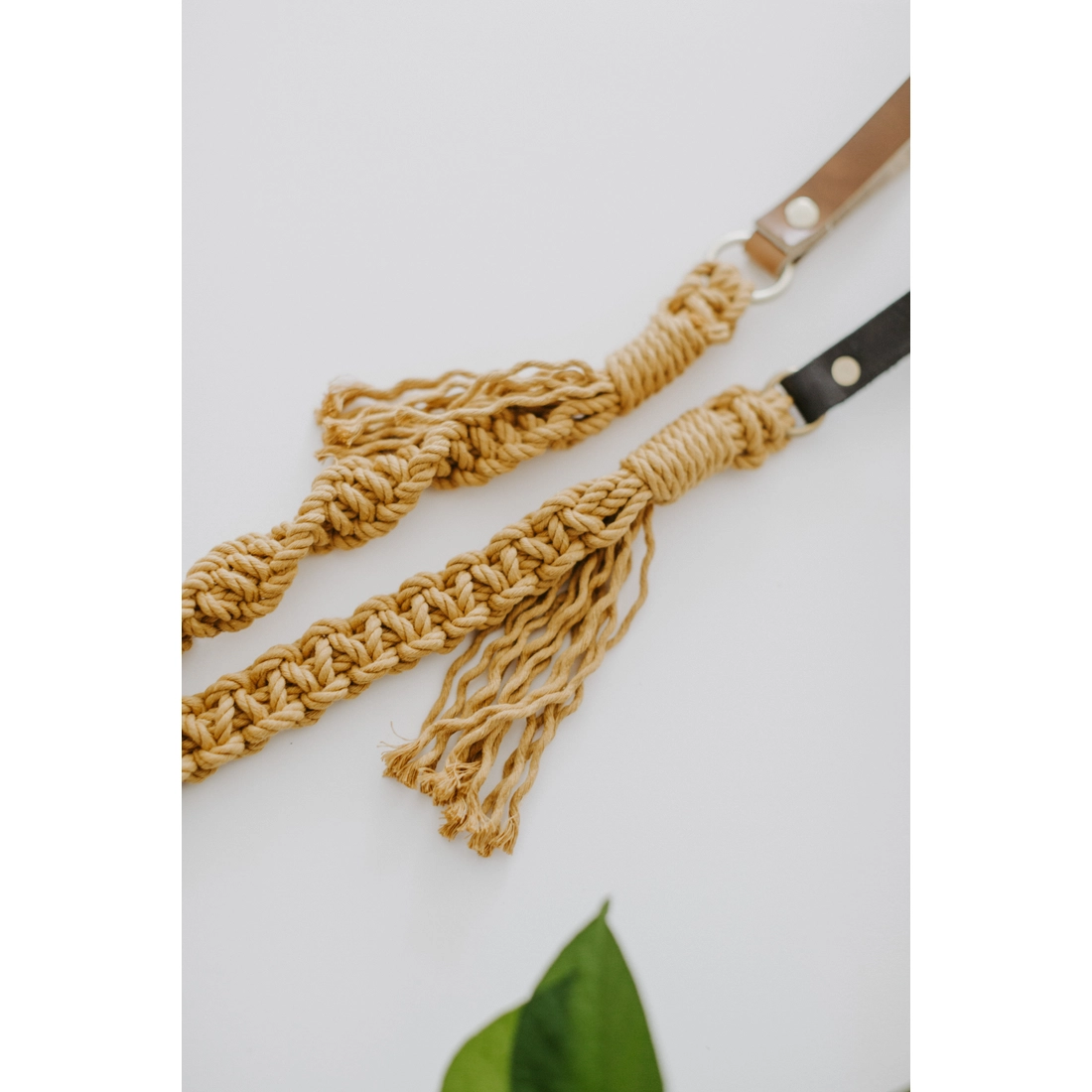 Macrame Dog Leash - Mustard Rope / Brown Leather Handle