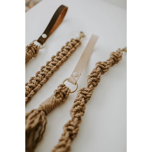 Macrame Dog Leash - Wheat Rope / Brown Leather Handle