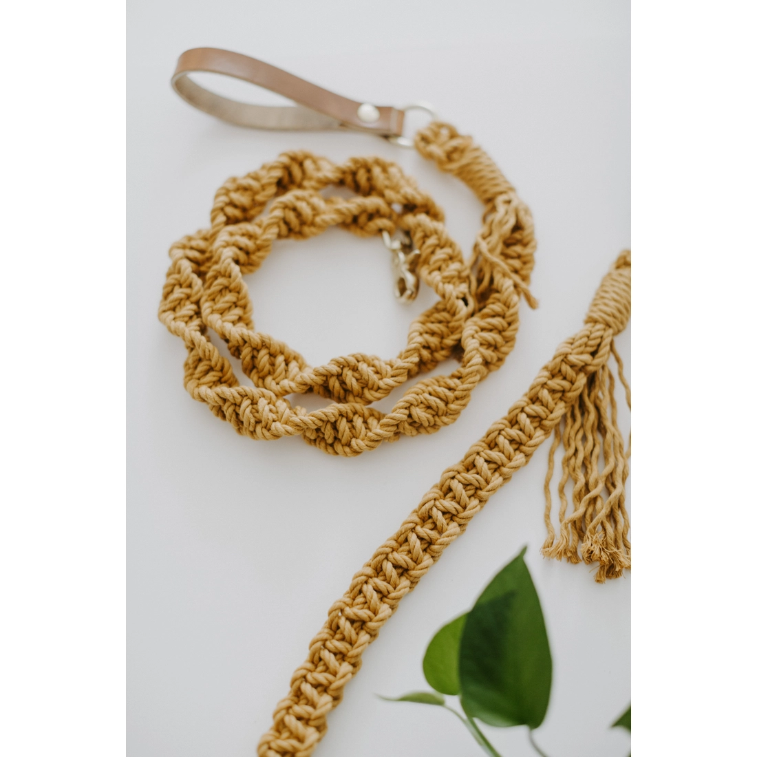 Macrame Dog Leash - Mustard Rope / Brown Leather Handle