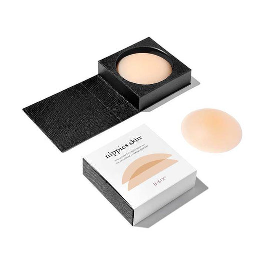 Silicone nude nipple cover with seamless edges, shown next to black and white packaging; designed for discreet coverage.